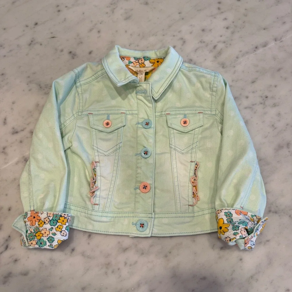 Matilda Jane Mint‎ Green Polka Dot Denim Jacket Floral Trim Girls Size 4